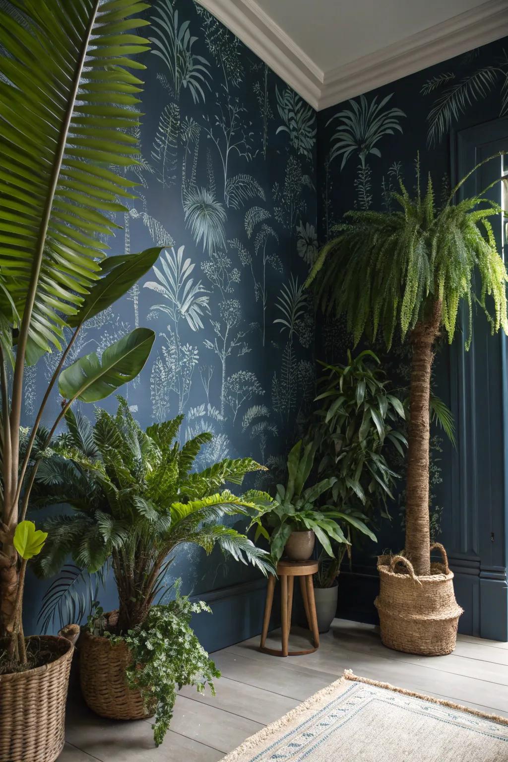 Create a tropical getaway using exotic deep indigo wall coverings.