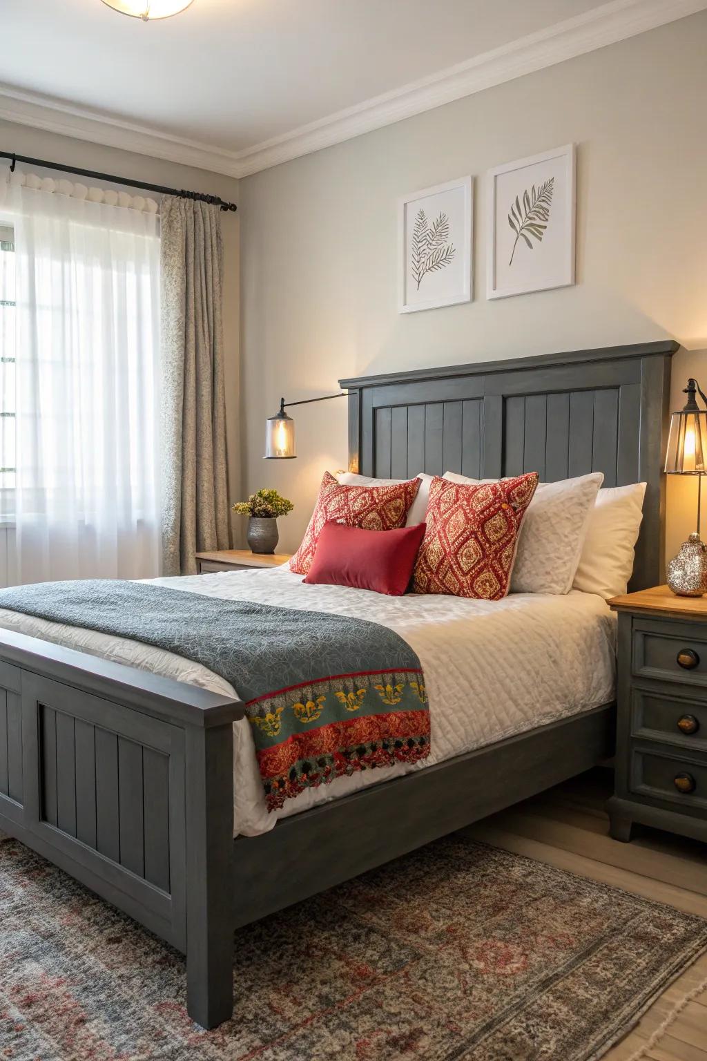 A burst of color introduces energy and comparison to a grey-themed bedroom.