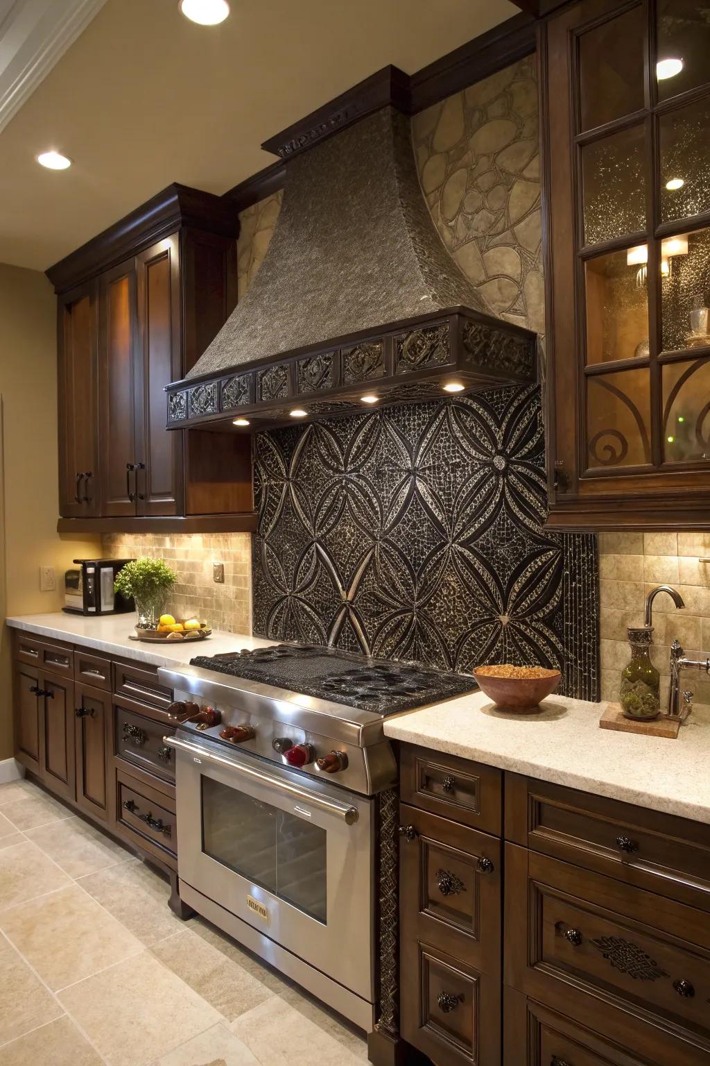A kitchen design that showcases a stunning dark patterned backsplash as an artistic focal point.
