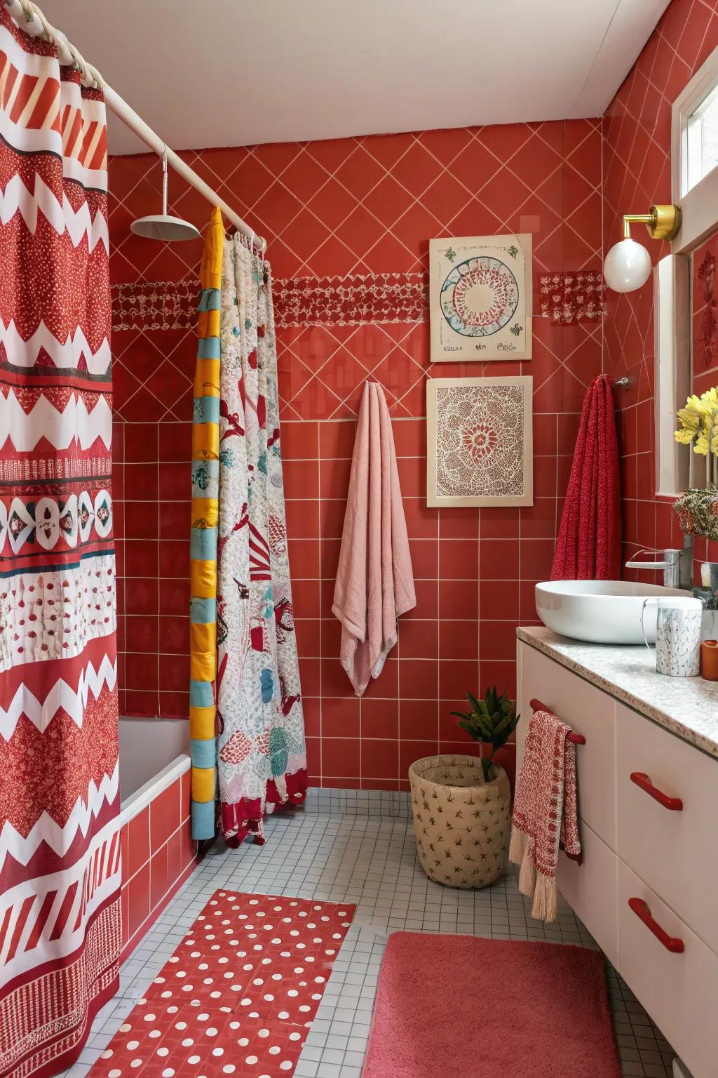 Diverse crimson motifs convey playfulness and ingenuity to your restroom.