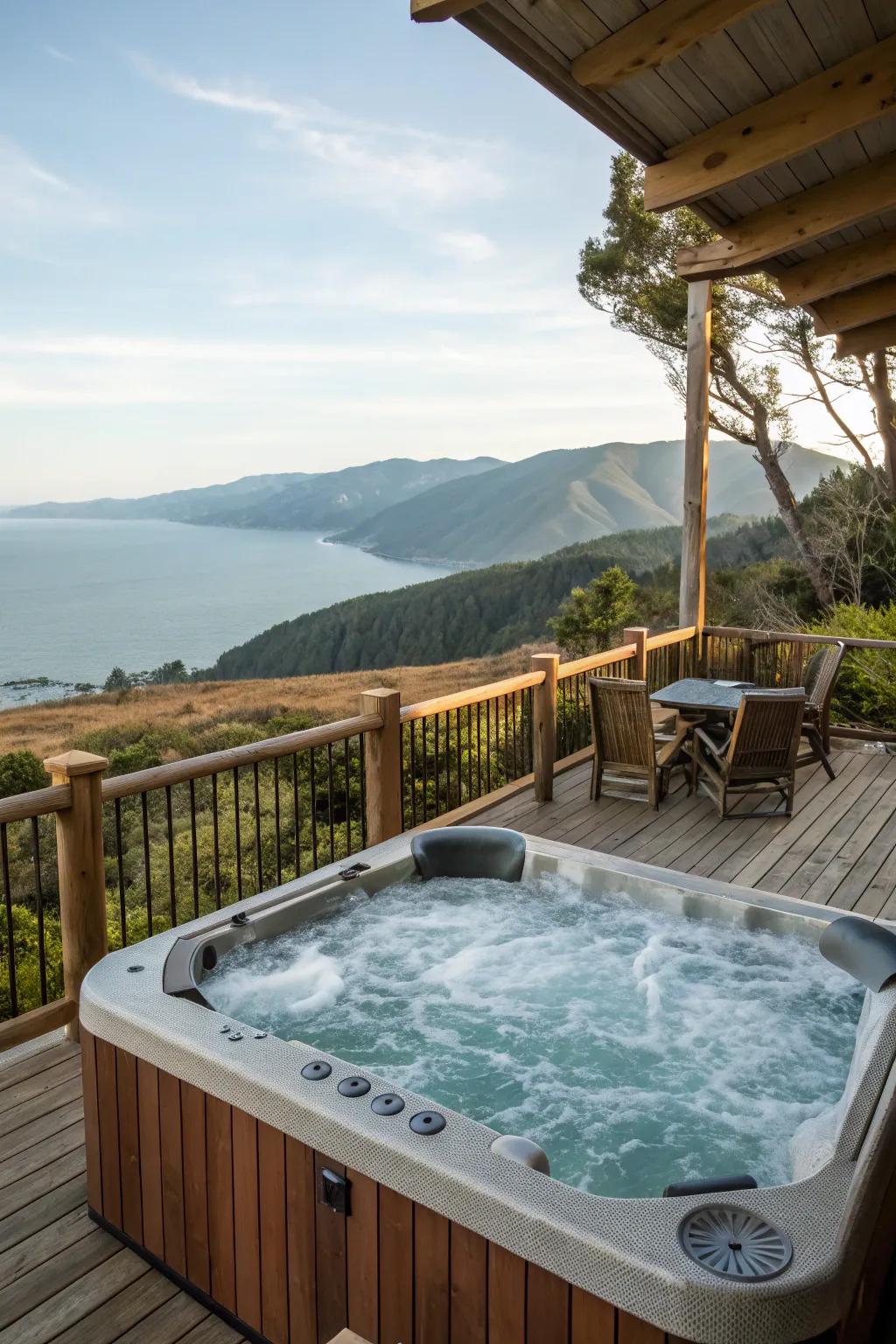 A hot tub with a picturesque view is the perfect relaxation spot.