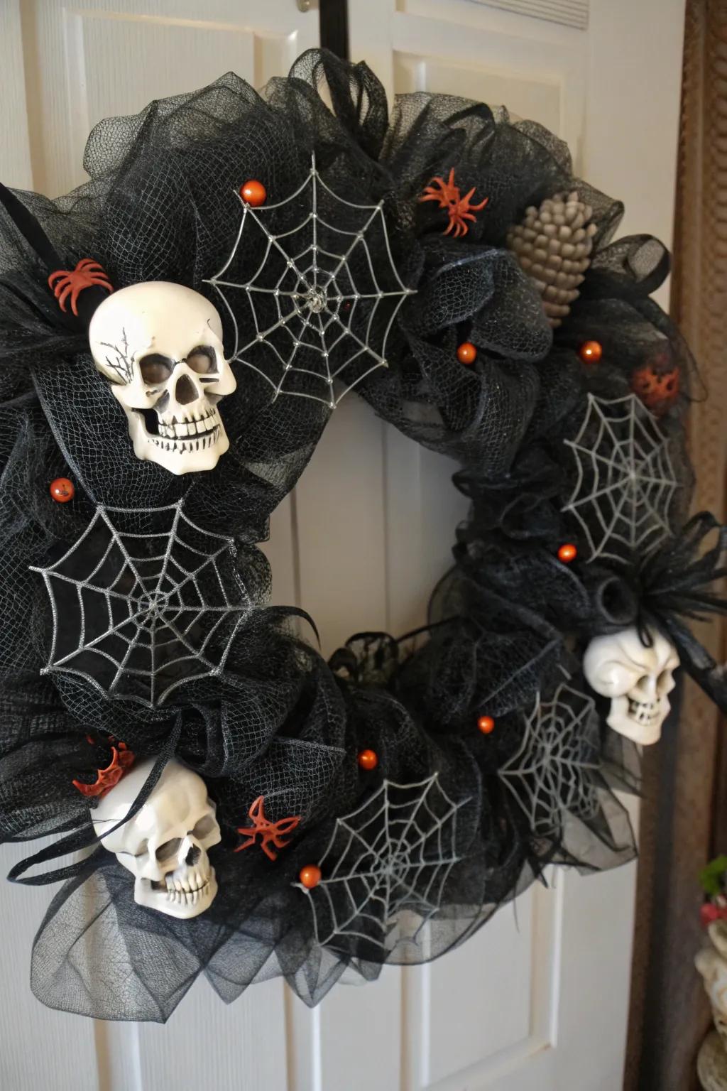 Eerie elements impart a spooky elegance to this Halloween wreath.