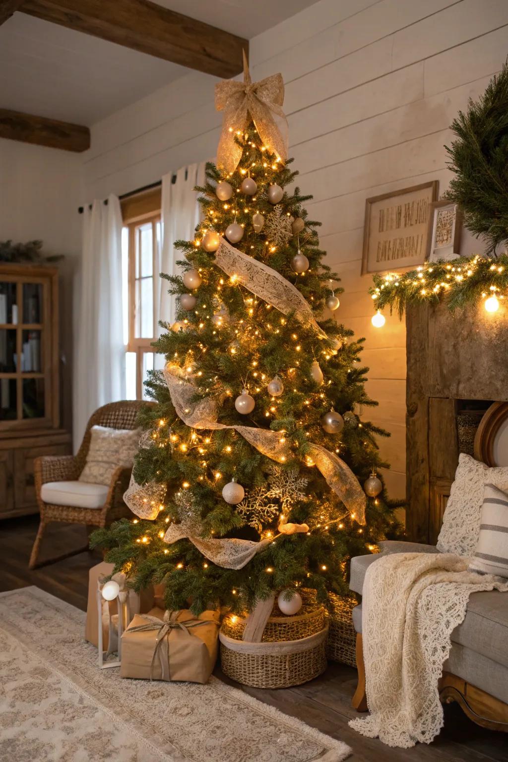 A homespun sophistication Christmas tree showcasing warm illumination and charming embellishments.