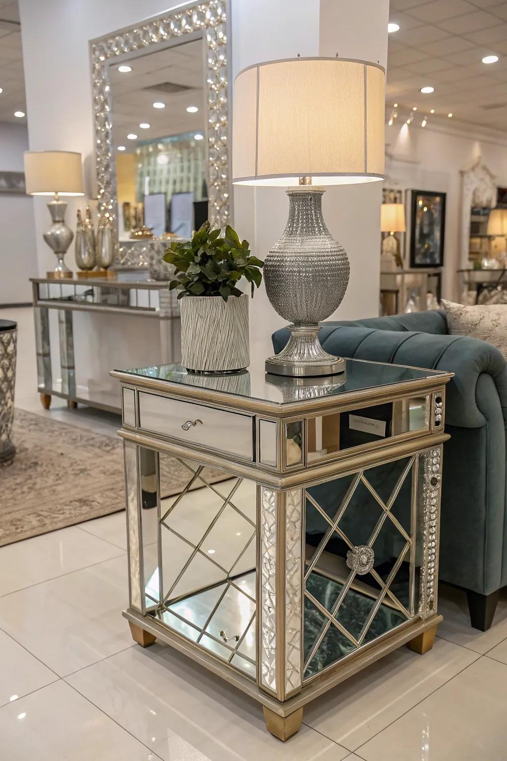 Mirrored furniture contributes a sophisticated and glamorous element.