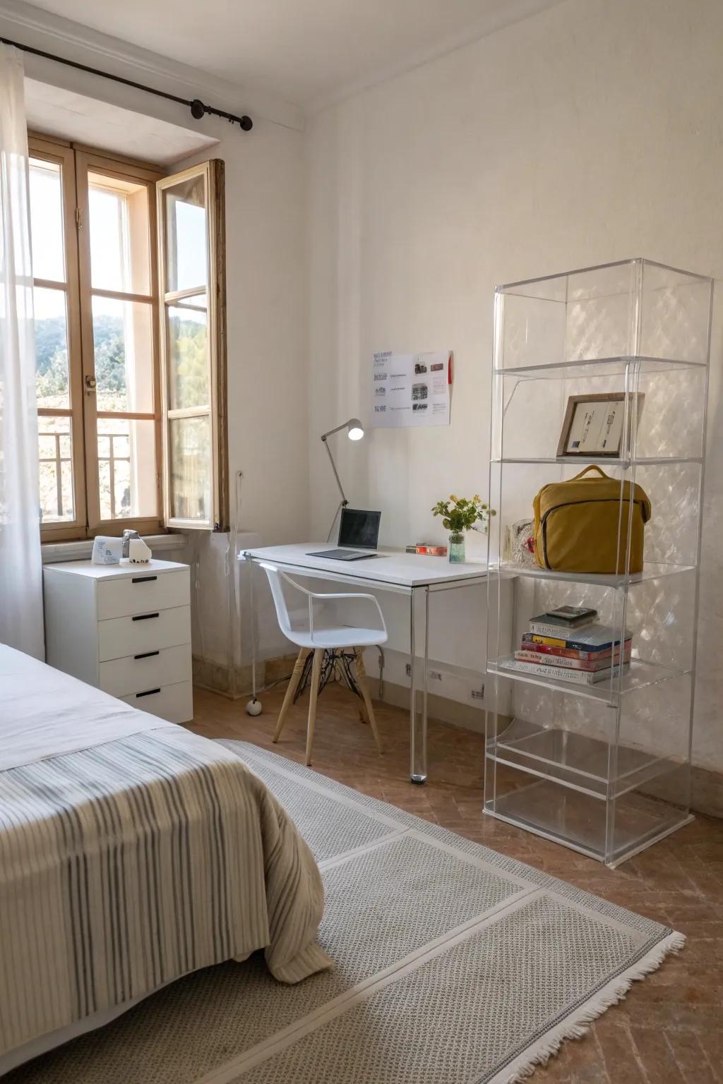 Transparent furniture keeps a compact bedroom feeling open and airy.