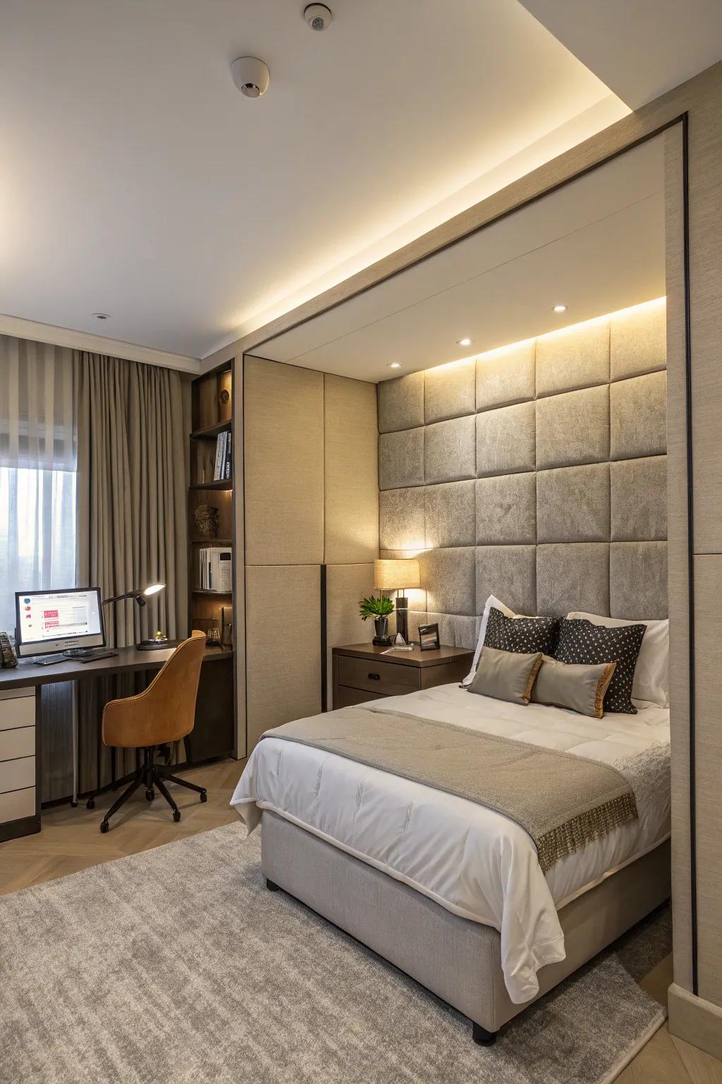 Oversized headboards offer privacy and style in bedrooms.