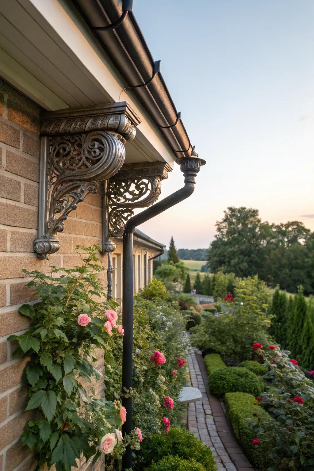 Ornamented mounts add elegance and charm to downspouts.