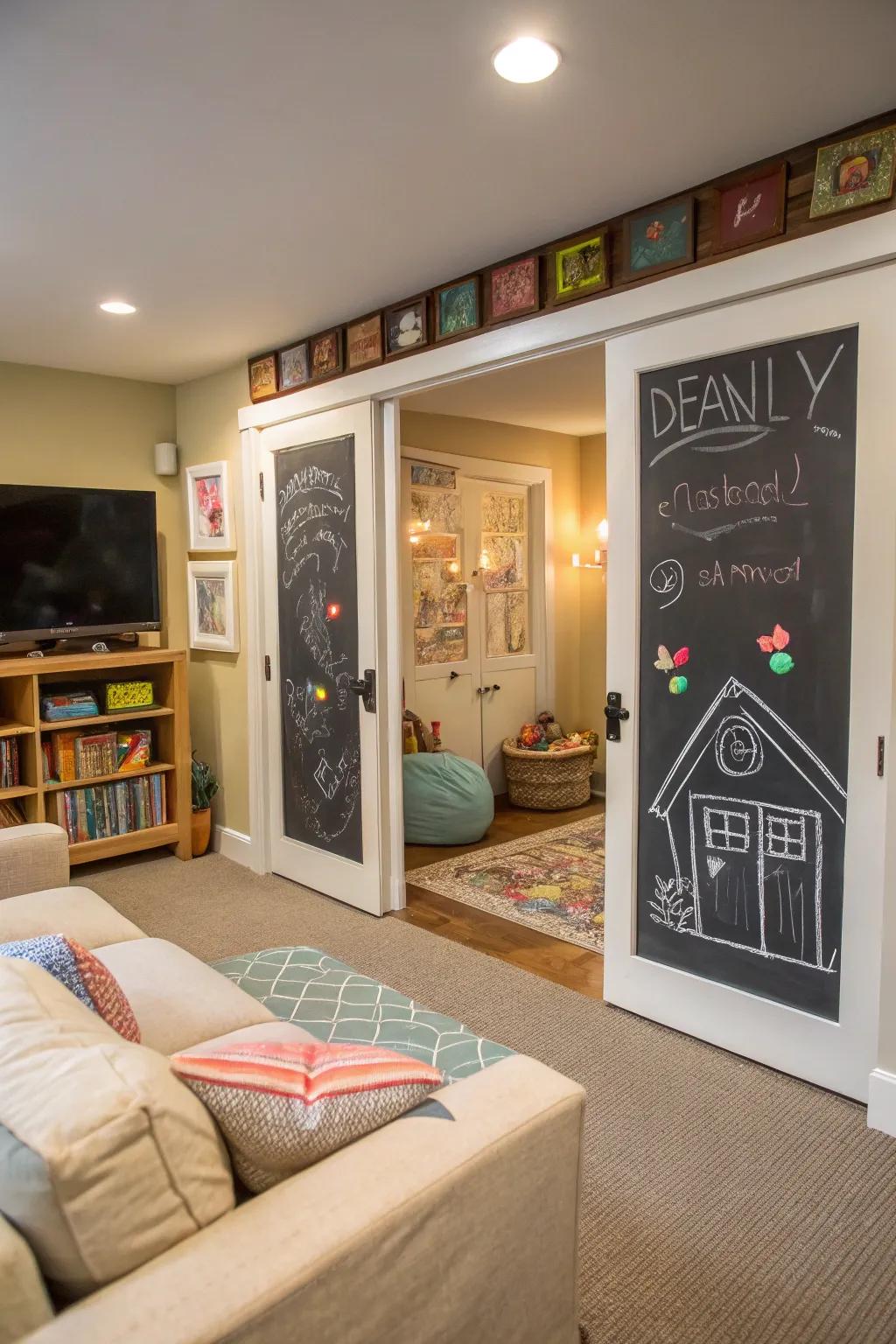 Chalkboard doors provide a canvas for creativity.