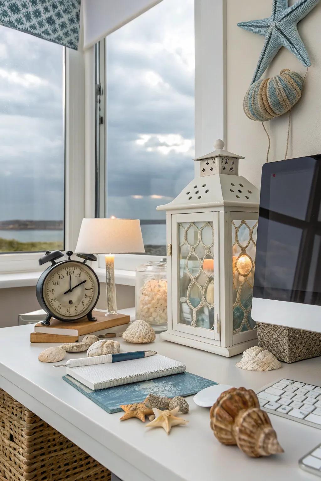 A thematic decor style, like coastal, introducing personal expression to the workspace.