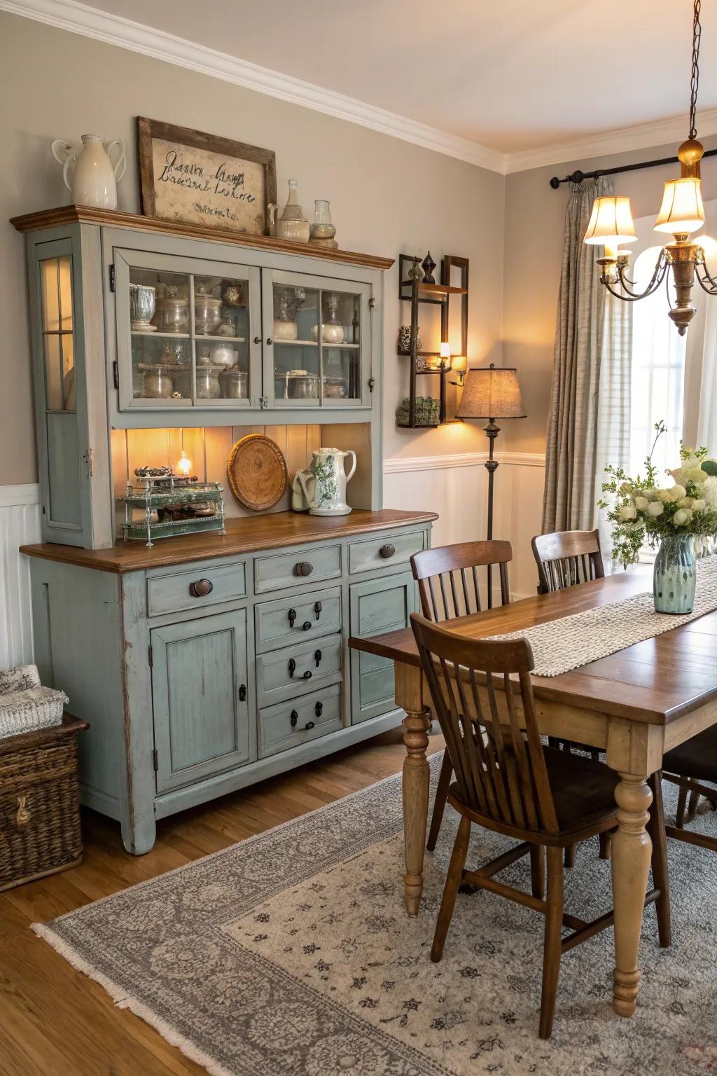 Give old furniture a new purpose in your dining room.