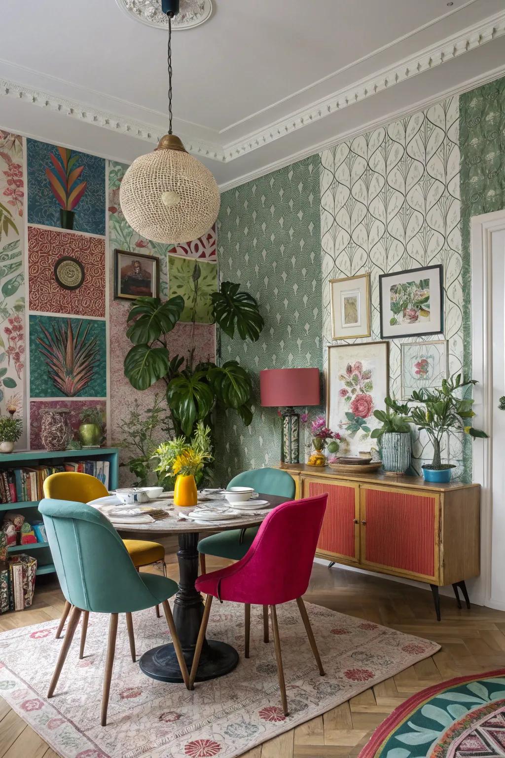 The varied collection of wall patterns creates a vibrant, engaging visual in the dining room.