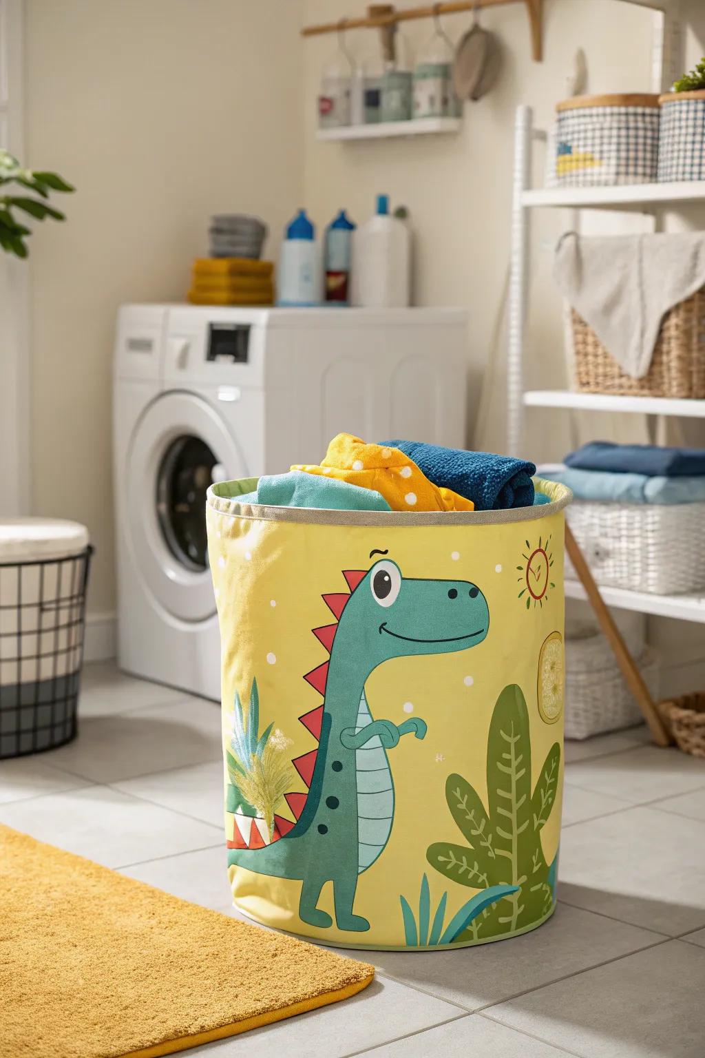 A dinosaur-themed laundry hamper instilling enjoyment into chores.