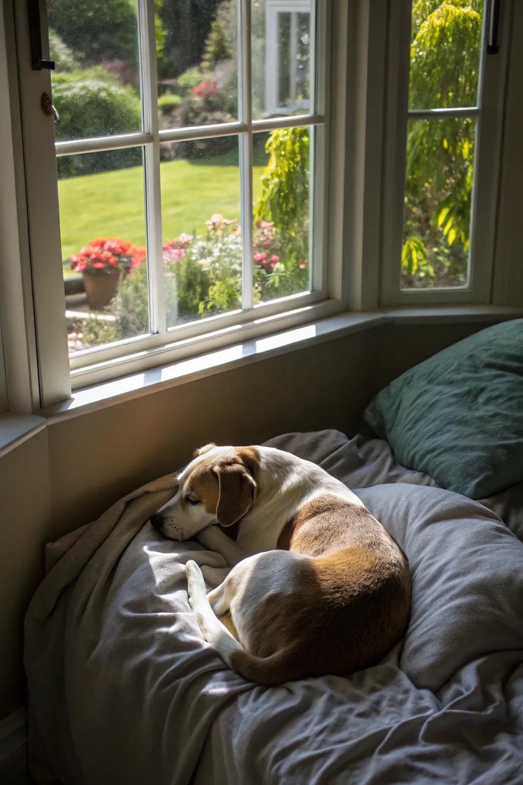 A canine niche exhibiting a verdant panorama, granting serenity and a nuance of nature through gentle bedding.