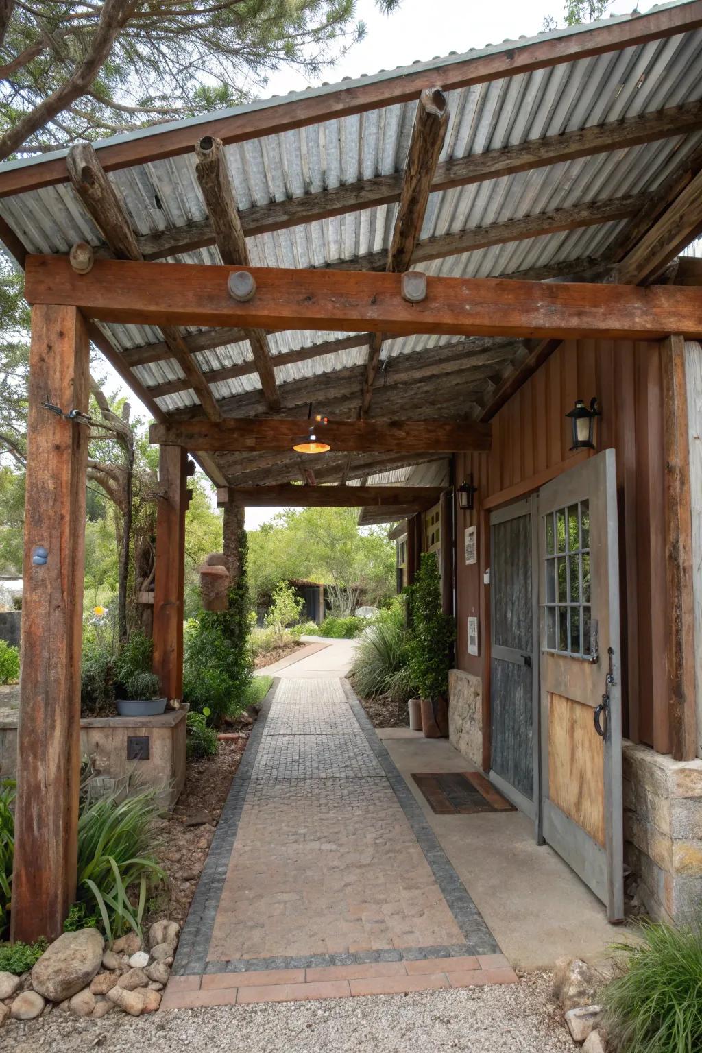 An entry with an overhang made from recycled materials.