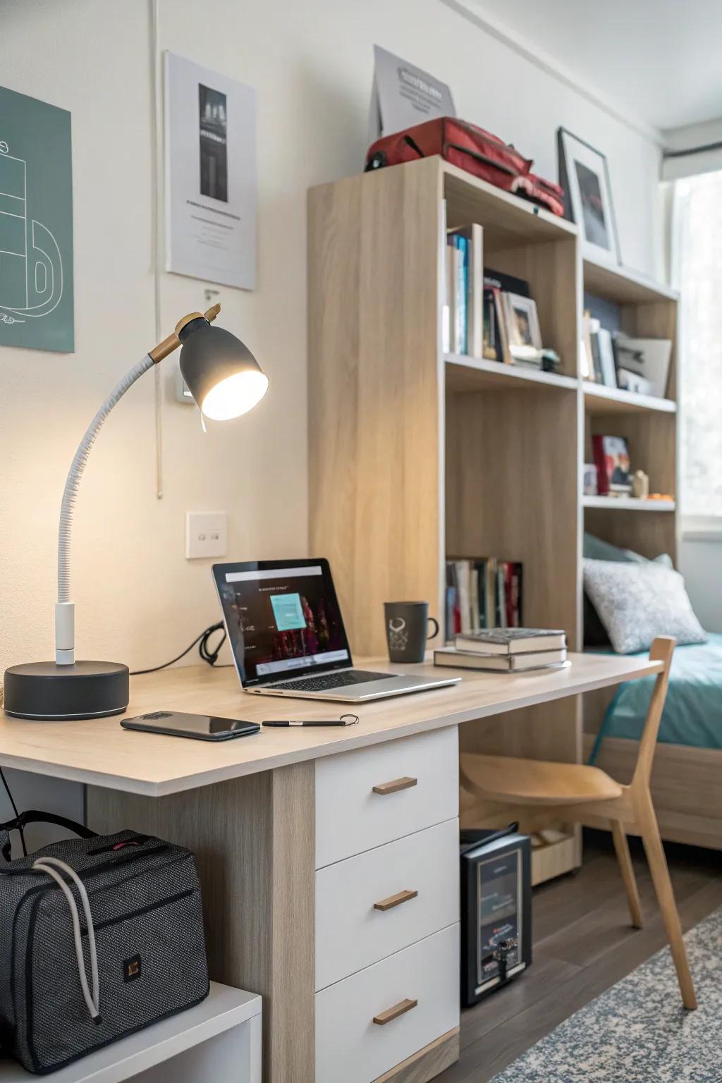 A streamlined tech setup keeps gadgets well-organized.
