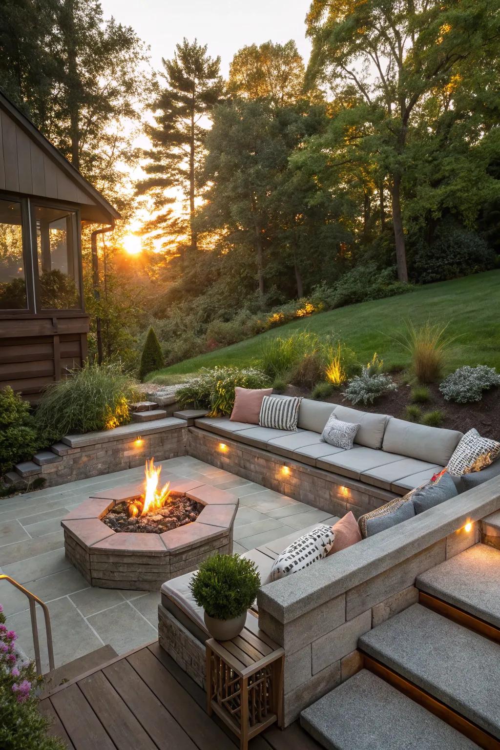 A sunken lounge crafts an intimate and snug space on a sloped yard.