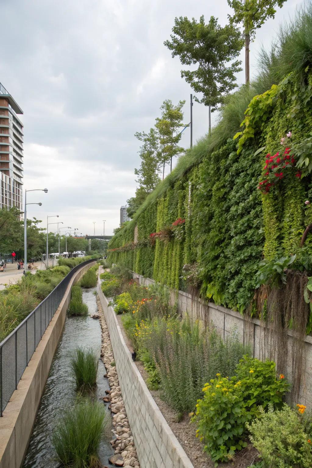 A vertical garden contributes a lush wall effect to a channel's perimeter.