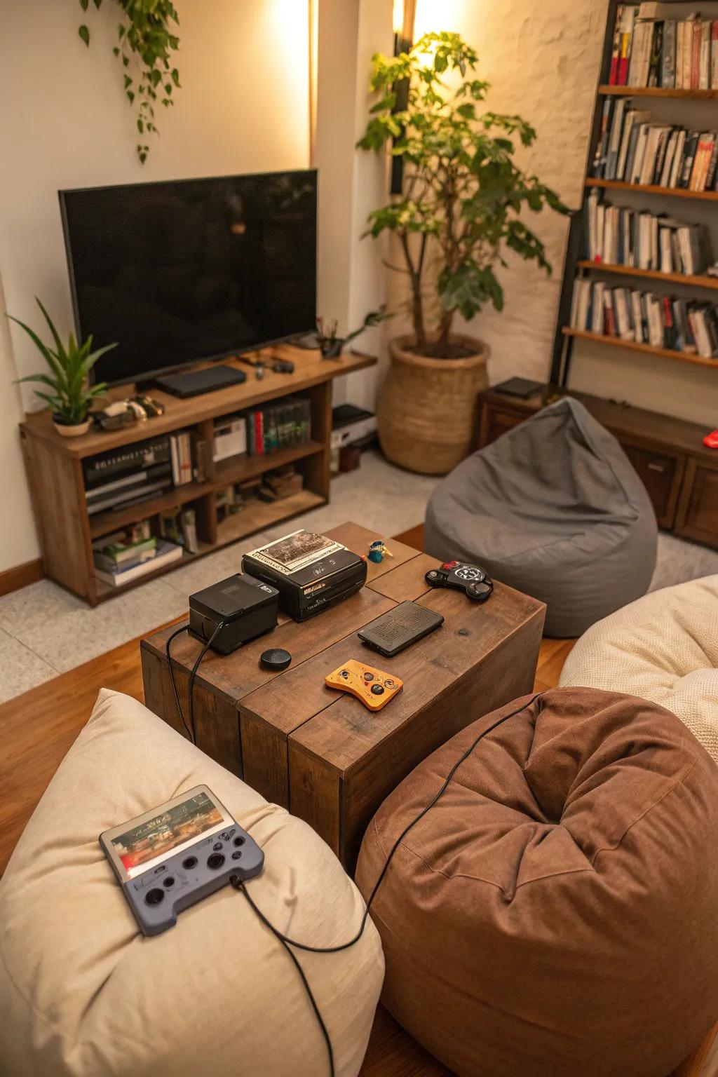 A gaming corner using bean bags furnishes casual comfort.