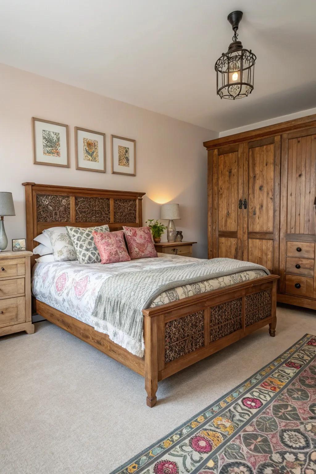 A bedroom blending modern and traditional styles to create a unique aesthetic.