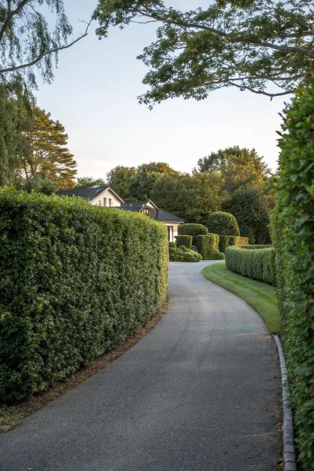 Wind-resistant hedges offering protection beside a driveway.