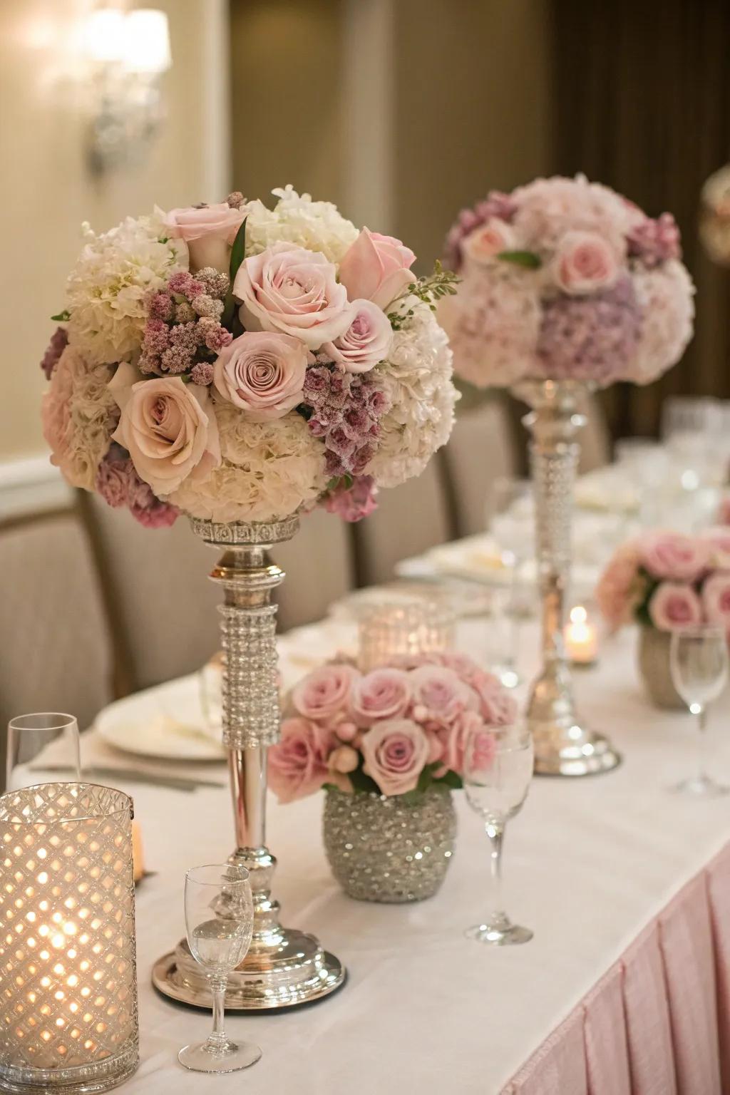 Striking soft blush and crystal centerpieces.