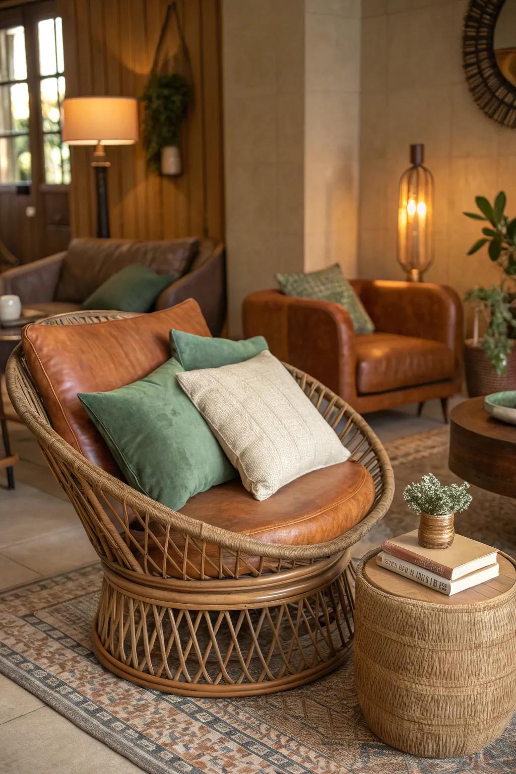 Craft a dynamic space by mixing materials with earthy tones.