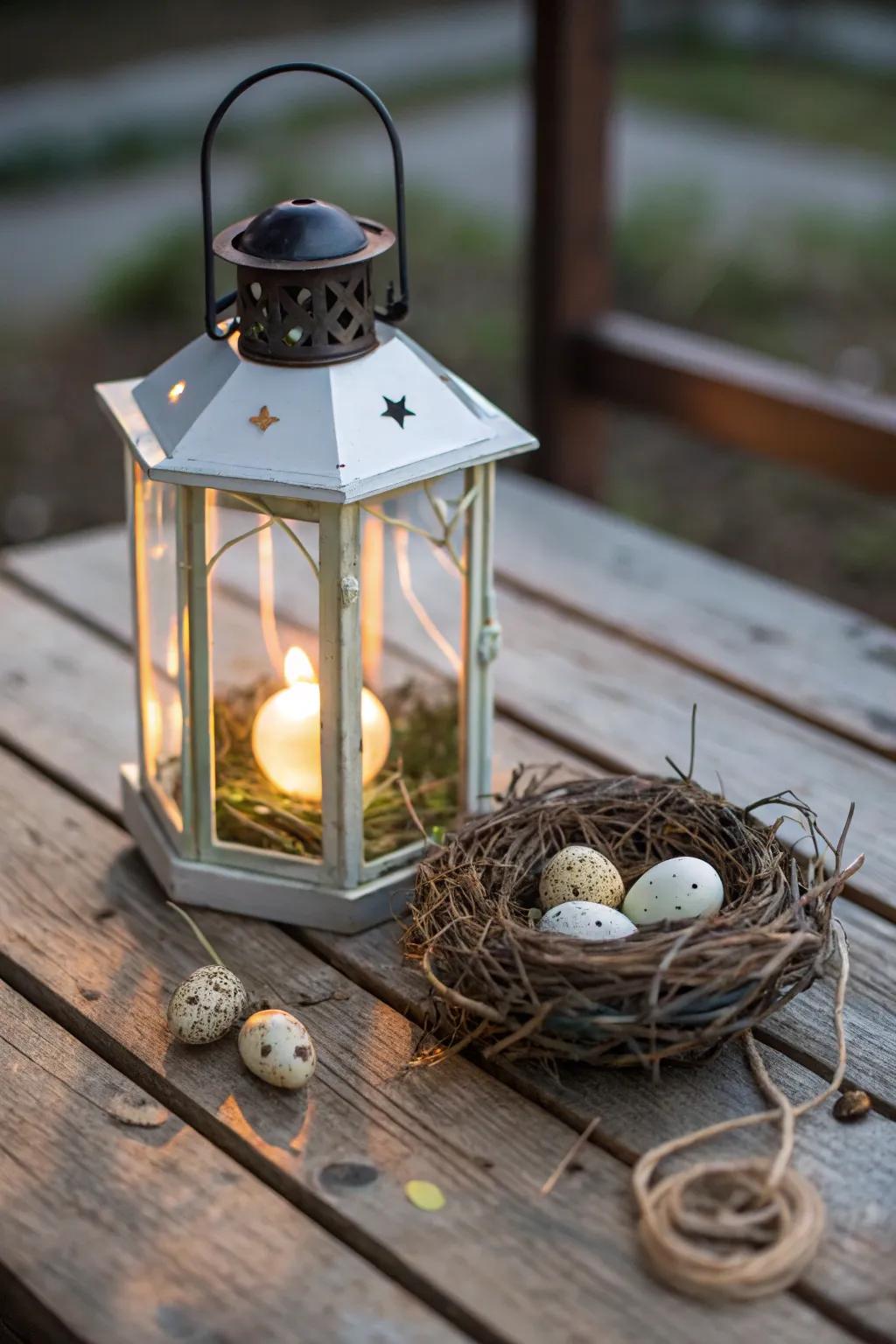A bird dwelling incorporates a whimsical, springtime touch to your lantern.