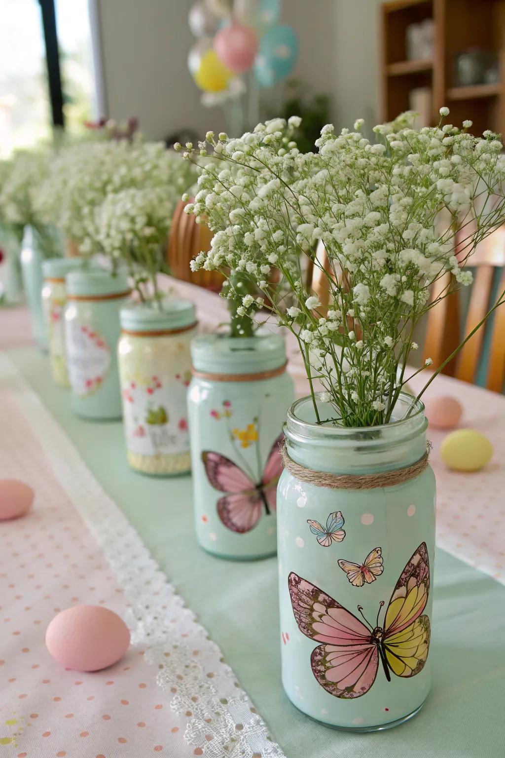 Delicate and captivating centerpieces are made by baby's breath in mason jars.