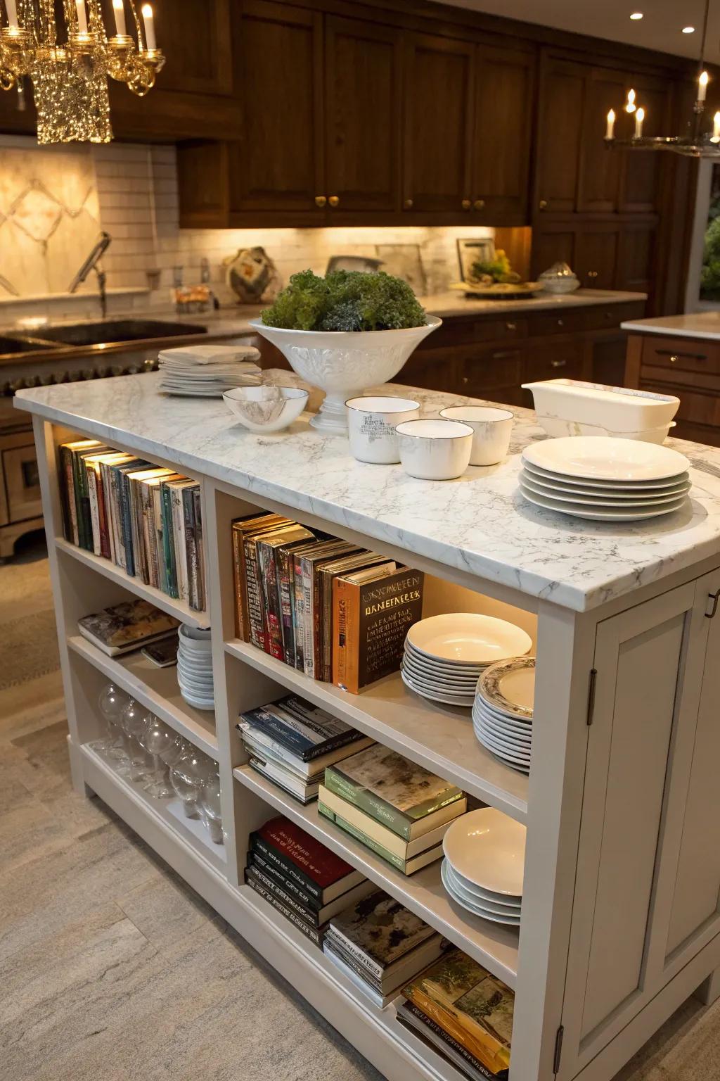 An island featuring accessible shelving for display and storage.
