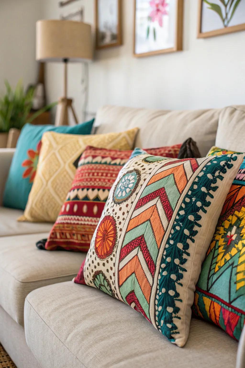 A couch adorned with a varied set of patterned pillows.