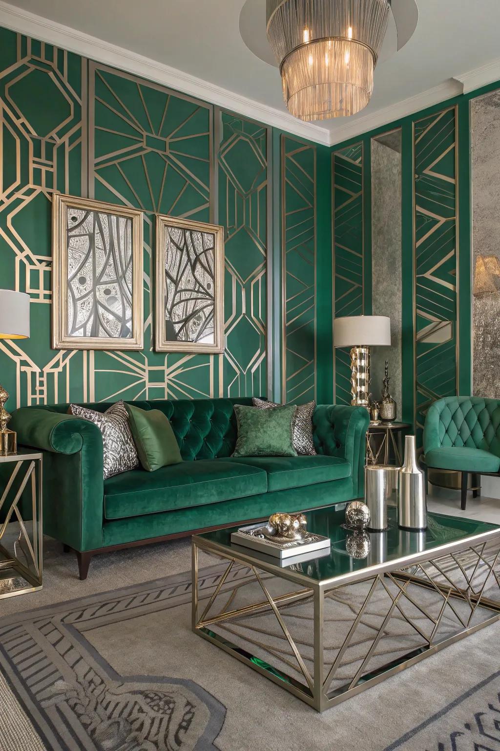 Art Deco inspiration with geometric shapes and luxurious materials.