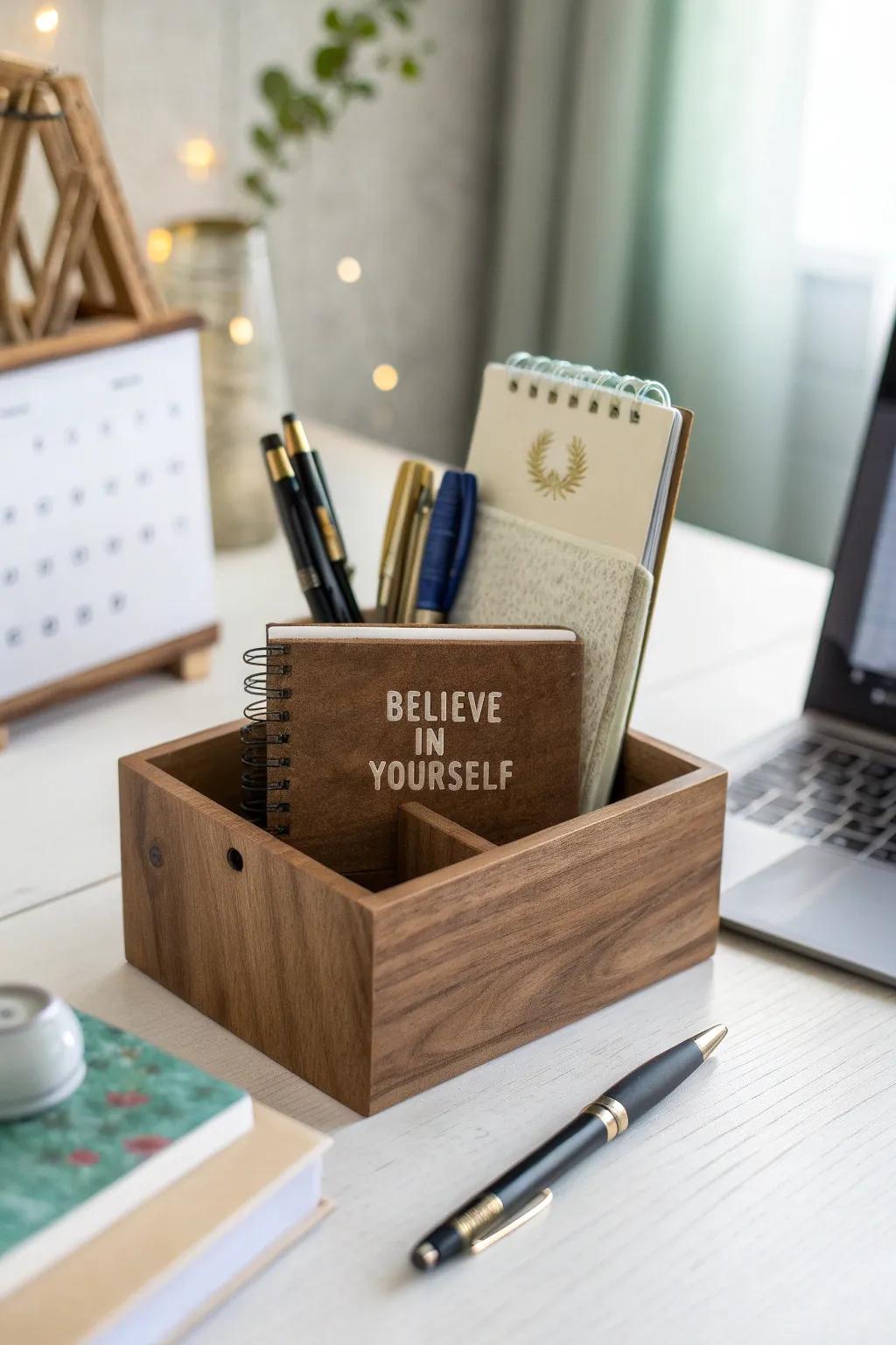 An etched desk keeper seamlessly integrates practicality with inspiration in your workspace.