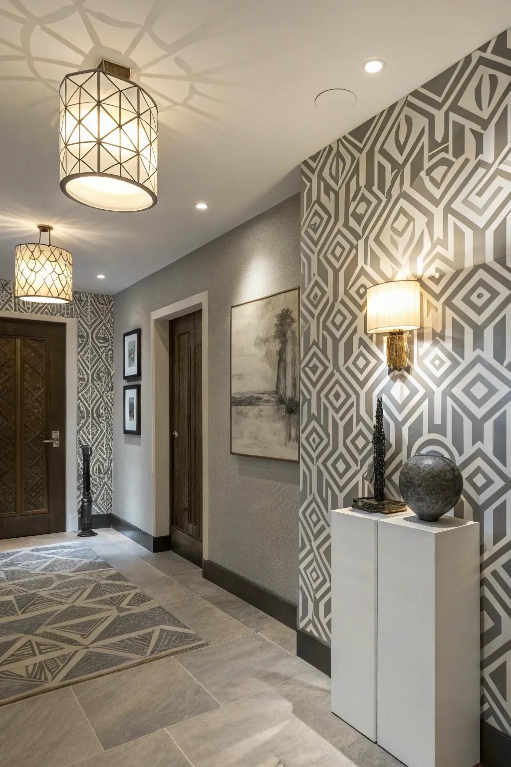 An inspiring entryway showcases abstract wallpaper, contributing a creative element.