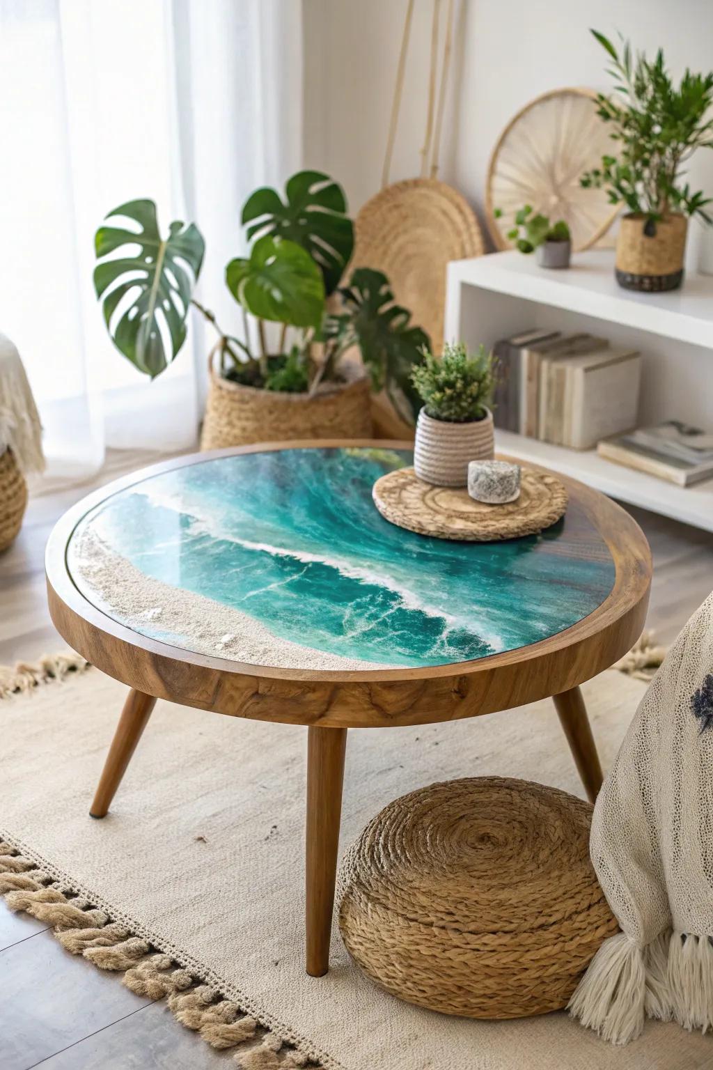 Uncover the artistry behind stratified vistas through this breathtaking epoxy coffee table, where simplicity harmonizes with inherent sophistication.