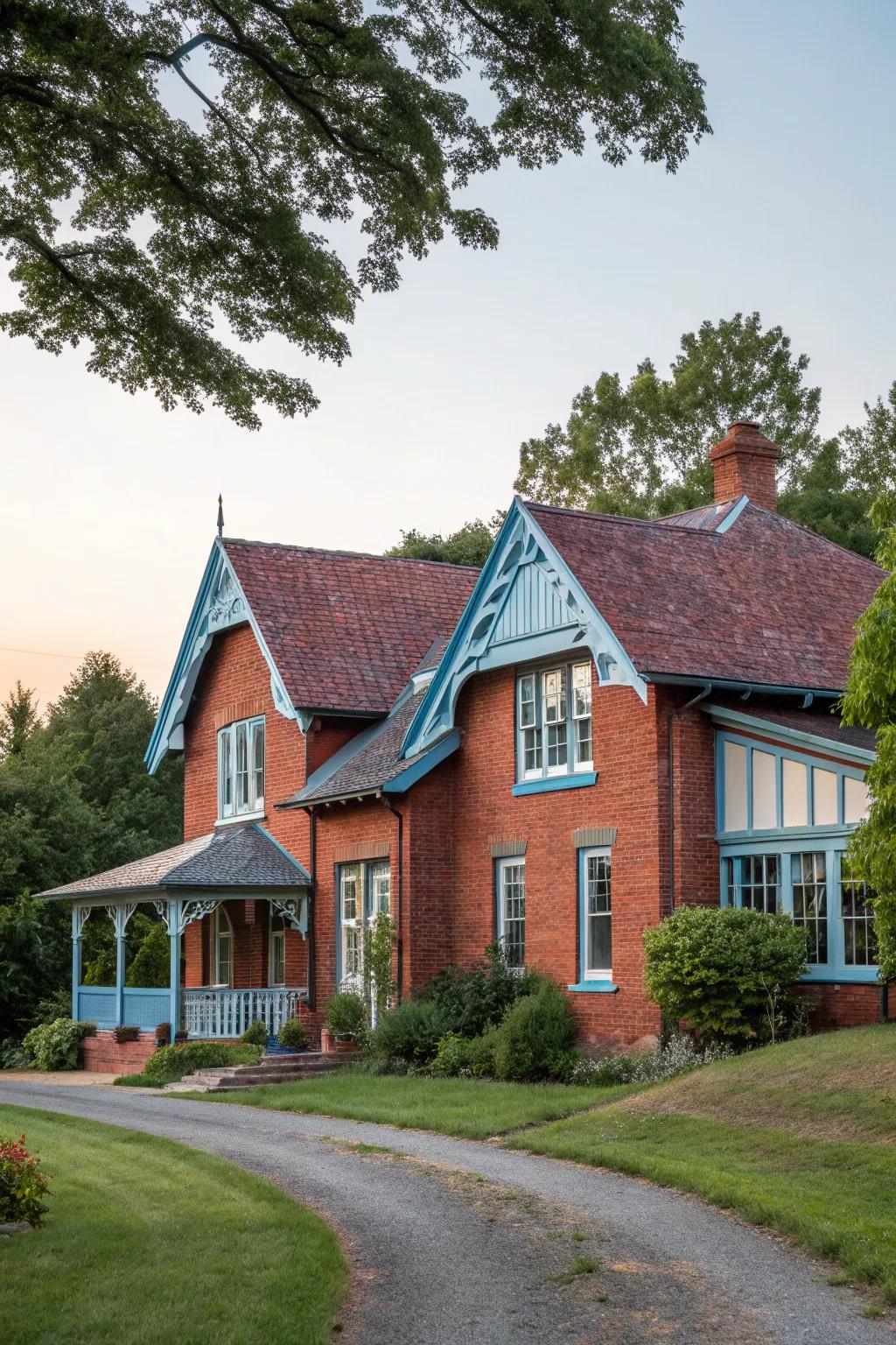 Soft sky and crimson brick for a serene sanctuary.