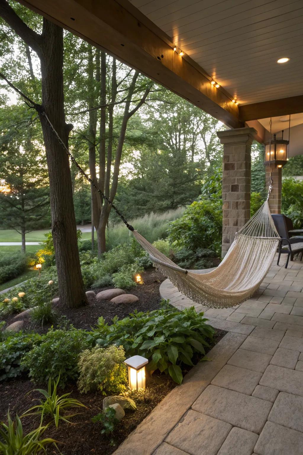 A tranquil sling bed area offers a relaxing escape near the basement.