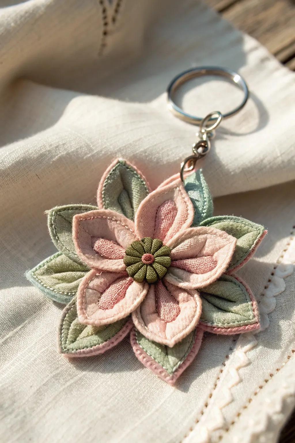 Infuse a touch of elegance into your daily routine with a handcrafted textile blossom key charm.