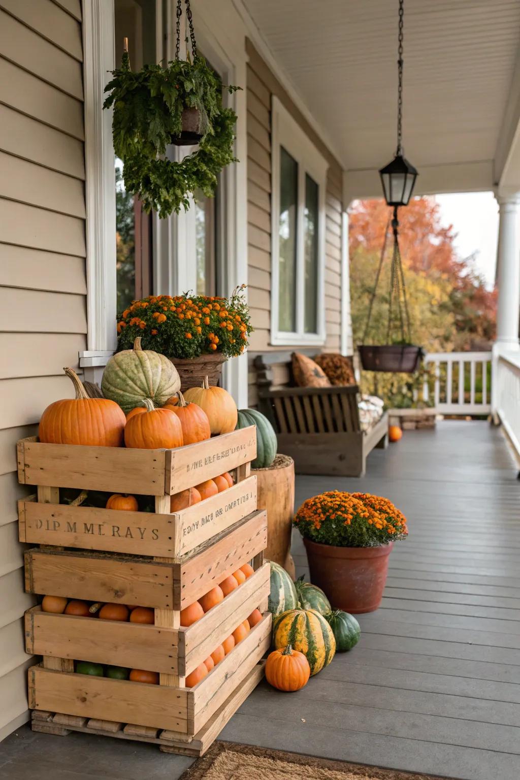 Orchard crates overflowing with autumn goodies create a charming harvest display.