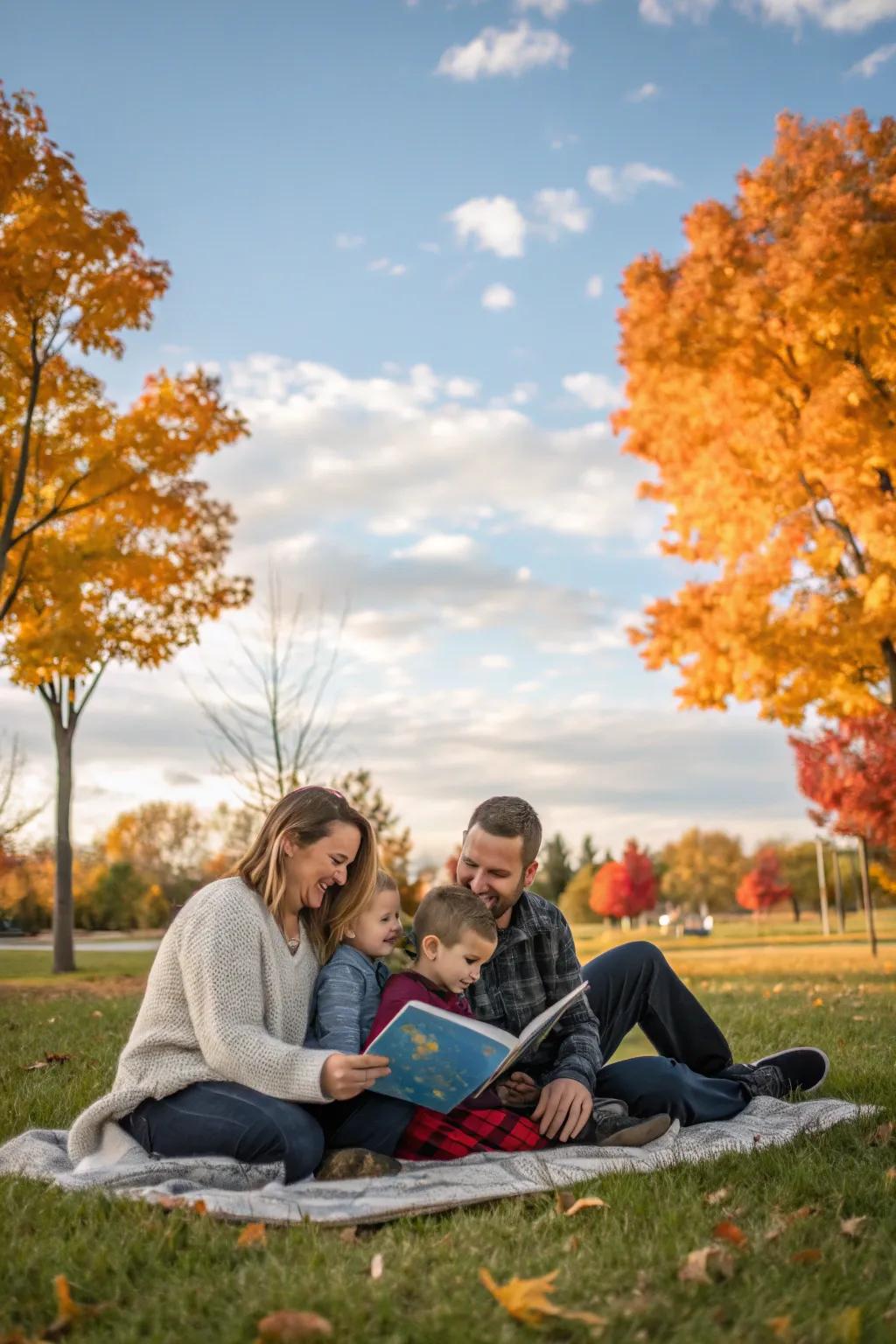 Storytime in the park creates a whimsical and thoughtful moment, ideal for memorable family photos.