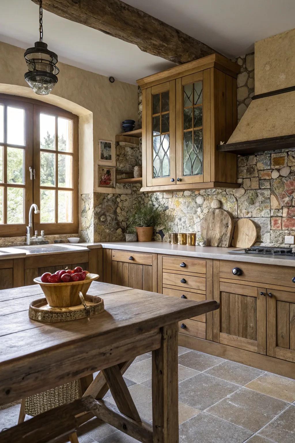 A farmhouse kitchen featuring assorted element decoration.