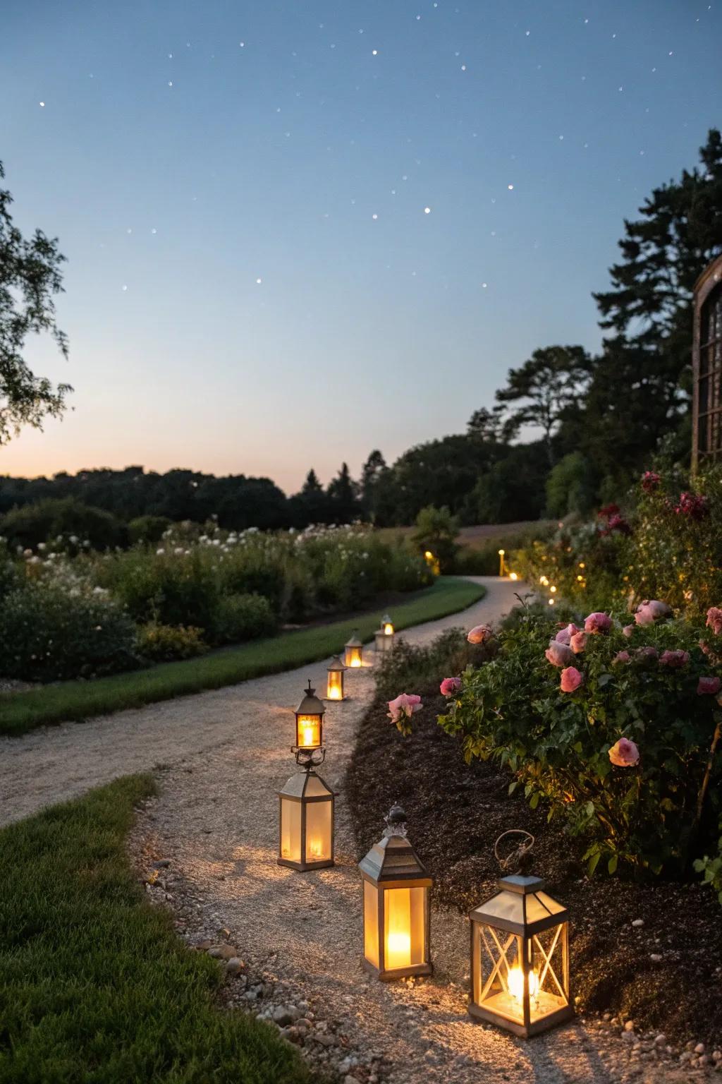 Lights illuminate cultivated area paths exquisitely.