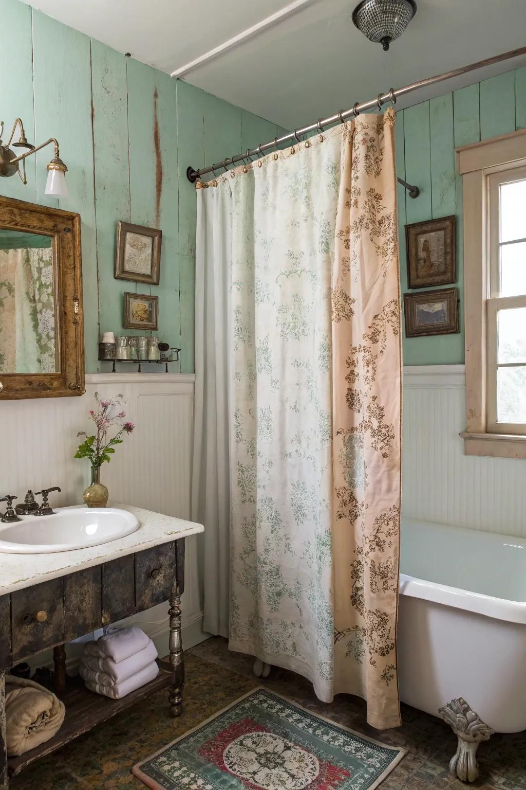 A bathroom featuring a weathered aesthetic shower covering and vintage decor elements.