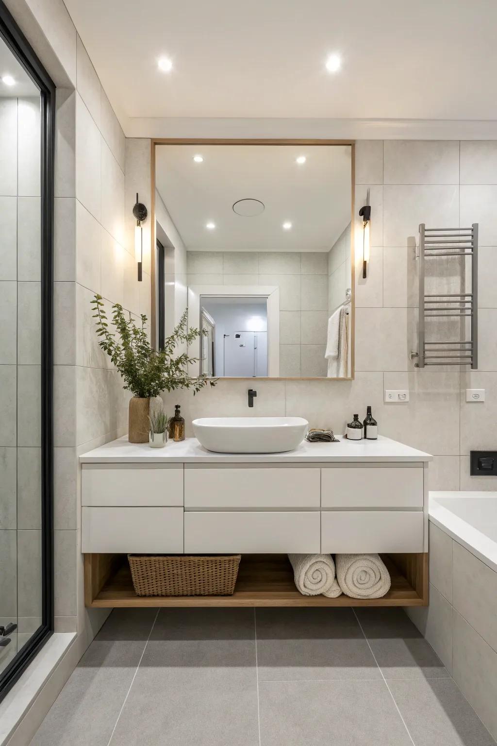 A floating sink unit maximizes space and style in this small bathroom.