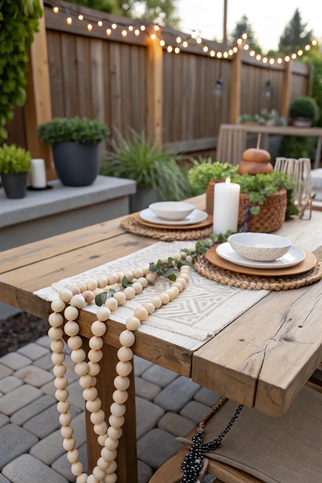 Outdoor space decorated with bead strand for a cozy atmosphere.