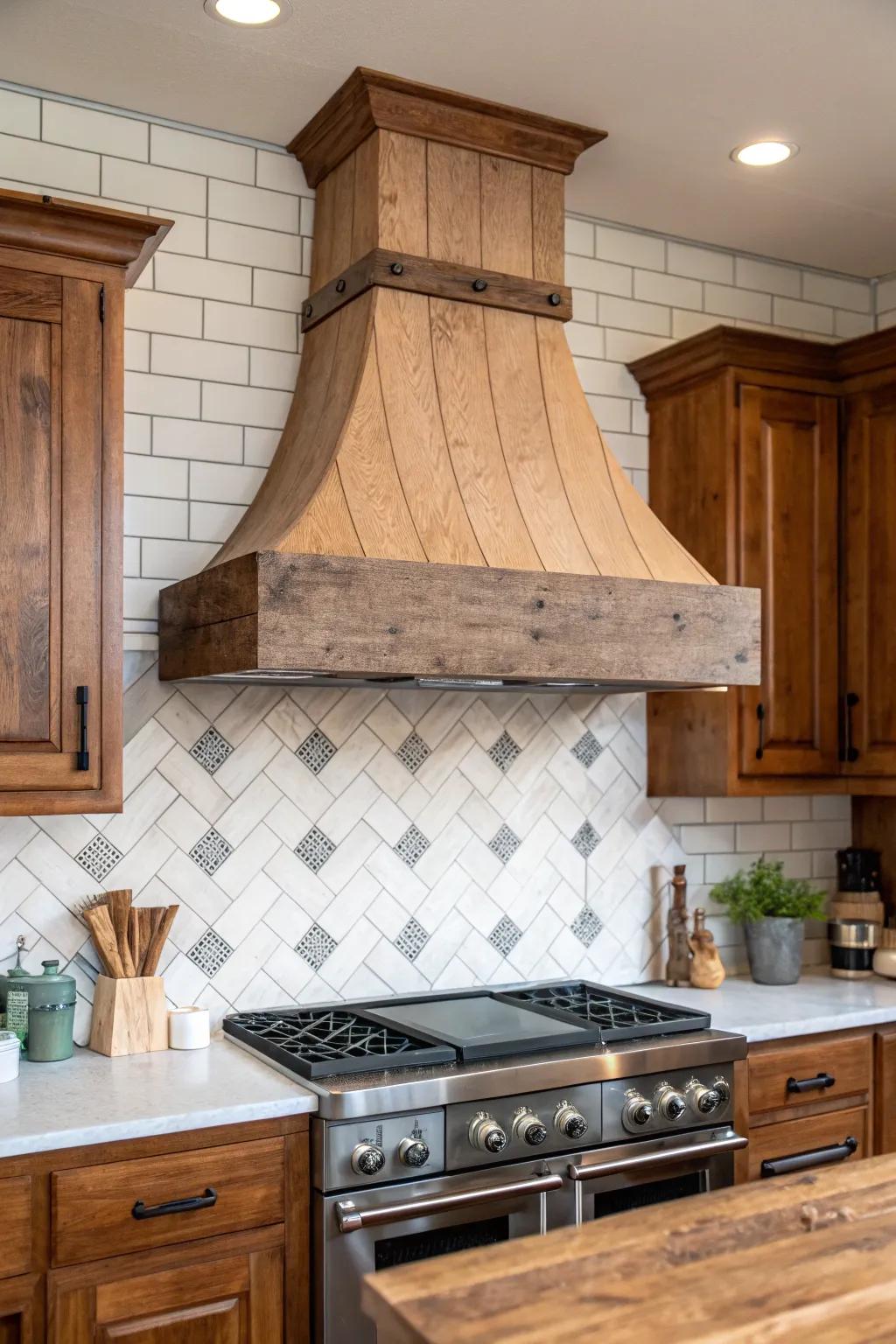 A tile backsplash highlights the beauty of a wooden range hood.