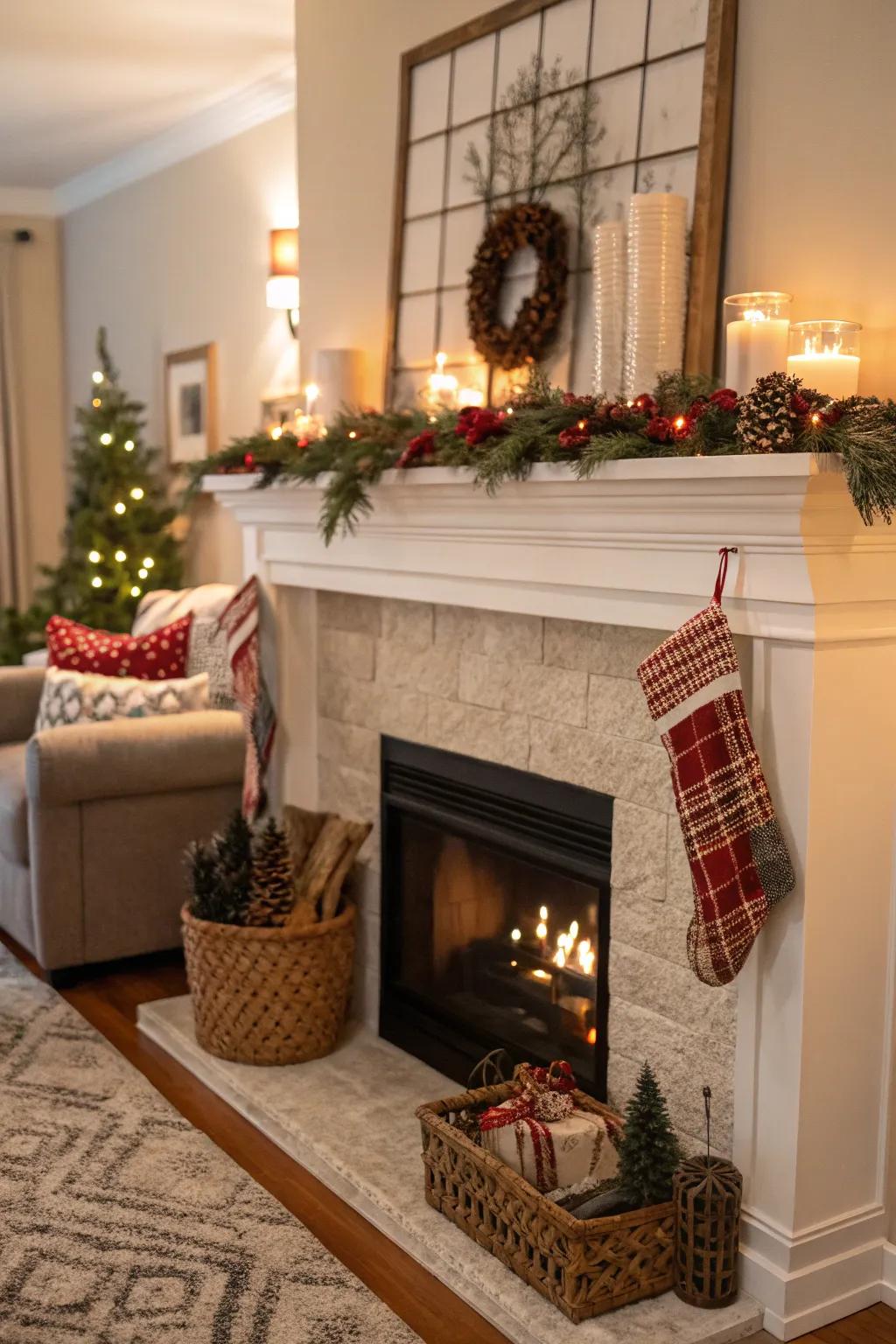 An imitation fireplace with a versatile wall-mounted mantel board for added decorative space.