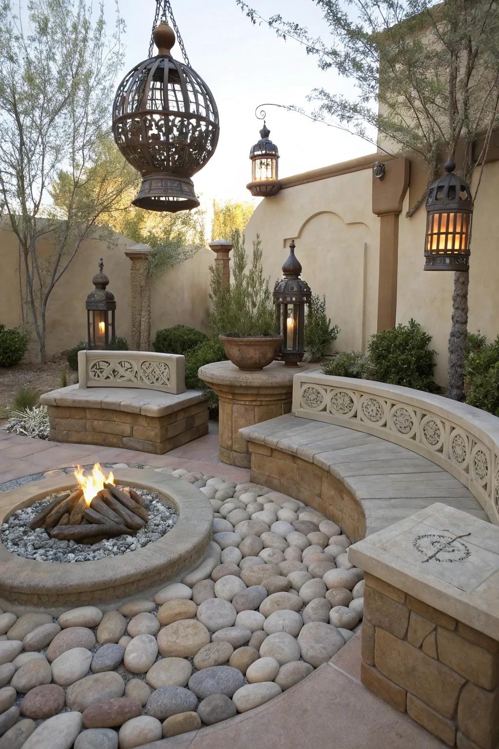 Dramatic stone seats blend function with artistry around the fire pit.