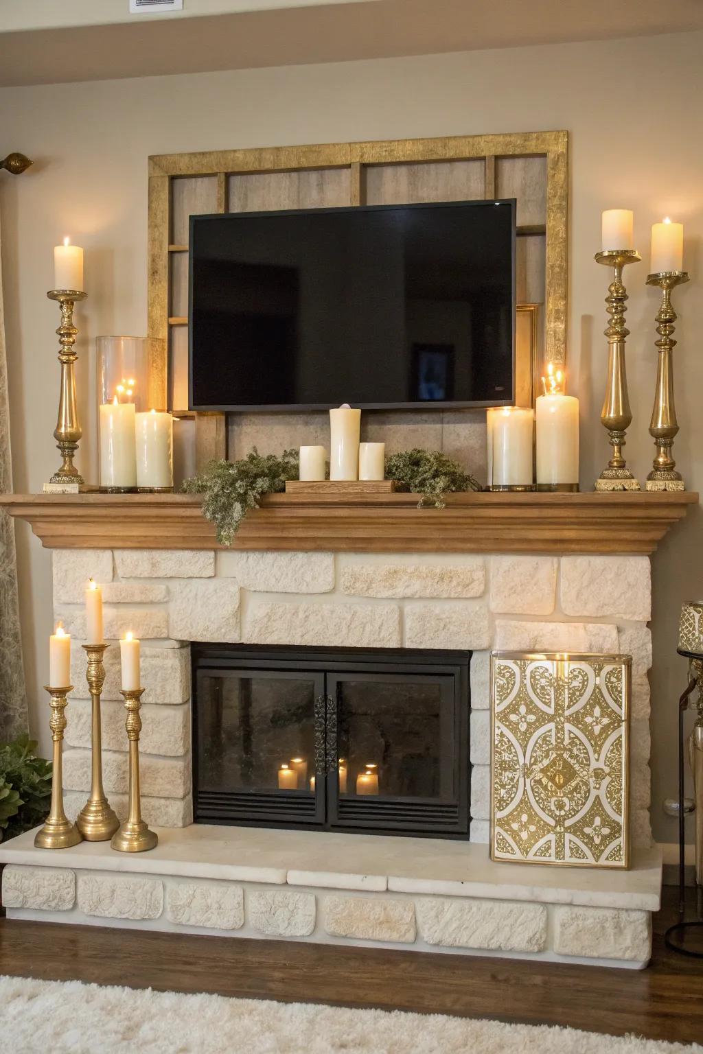 Encircle your television with lights for a balanced and stylish mantel. 📺🕯️ #MantelDecor #BalancedDesign