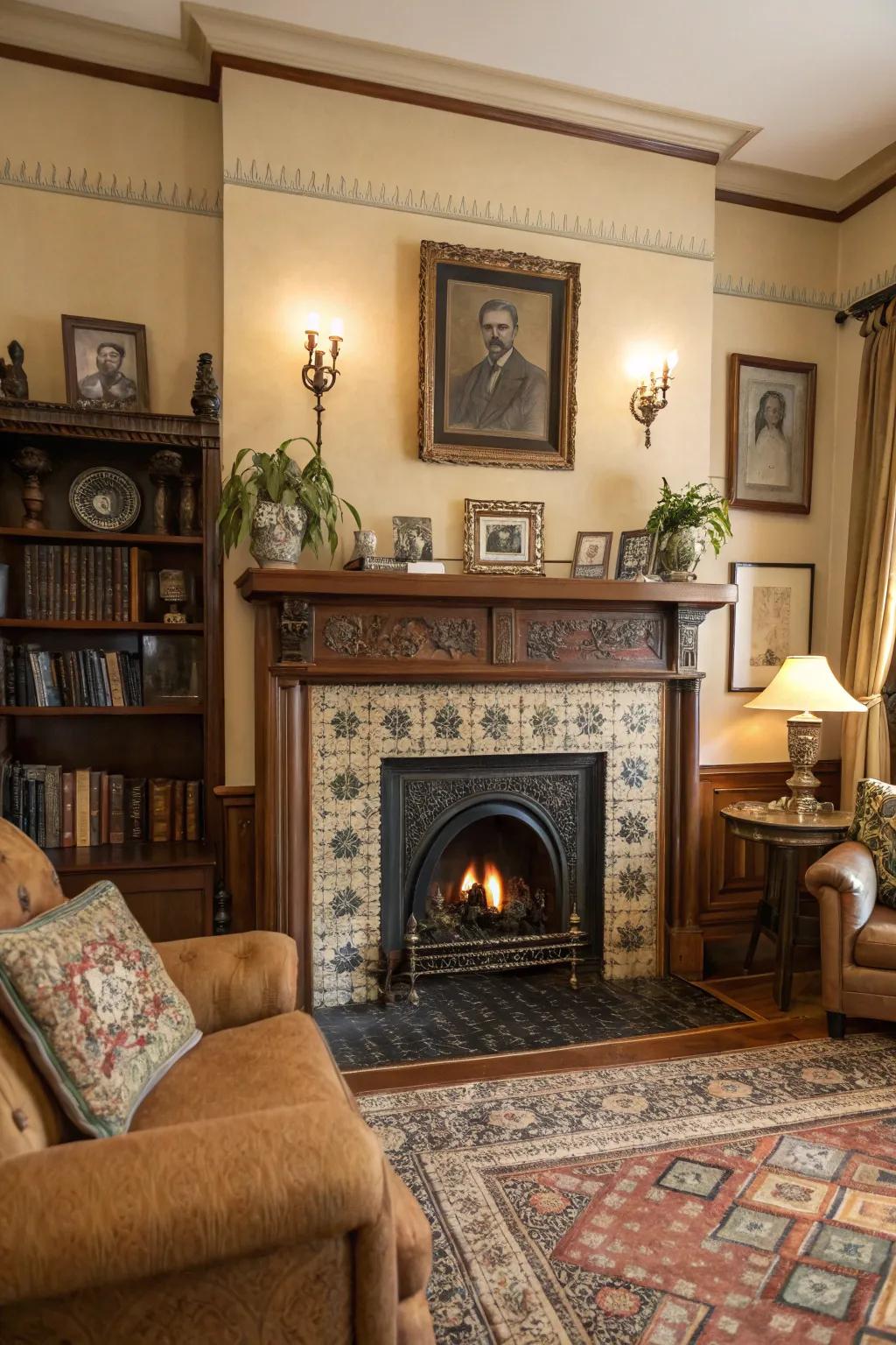 A vintage-inspired living room showcasing a central fireplace with an antique style.
