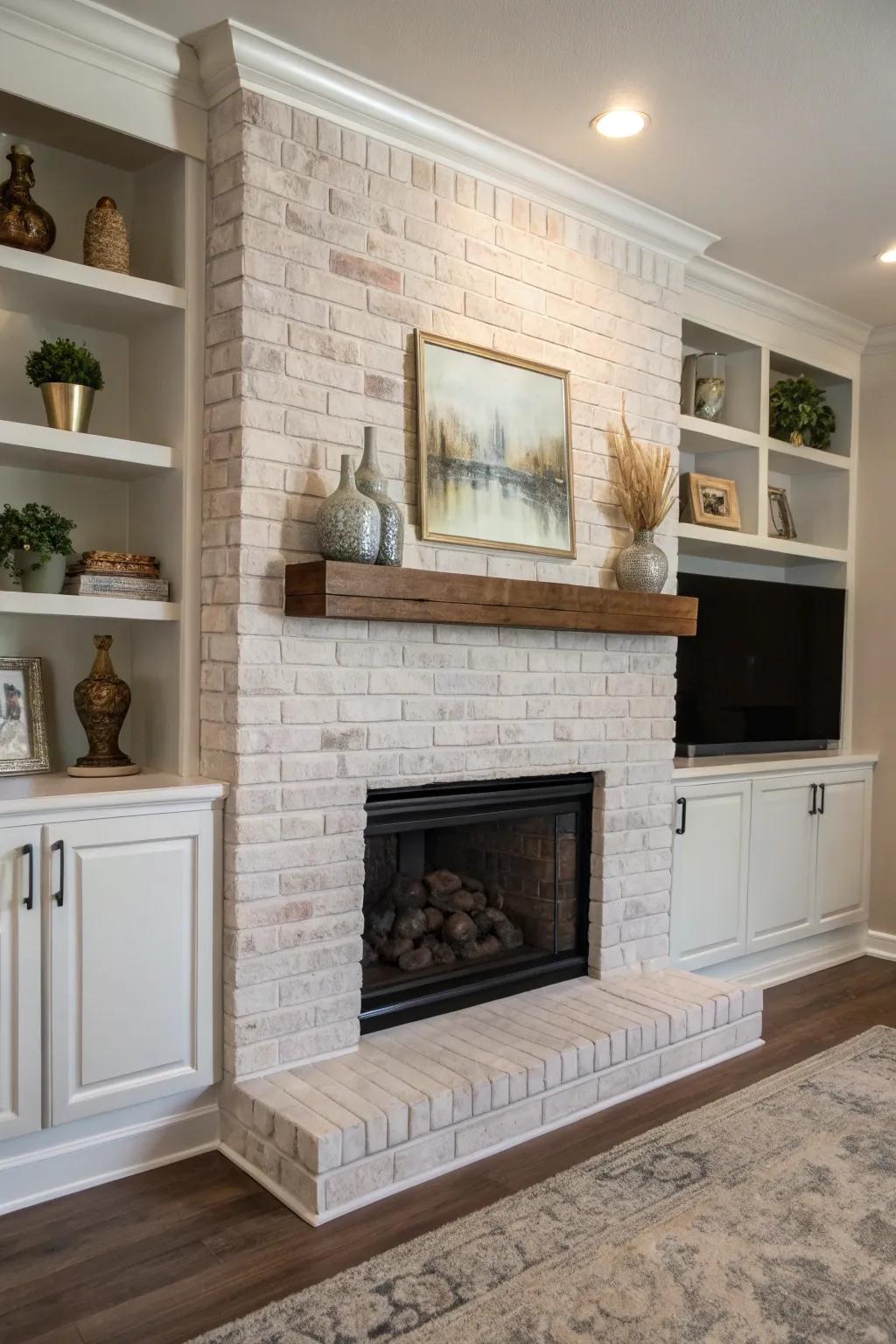 A fresh application of coating rejuvenates this brick fireplace.